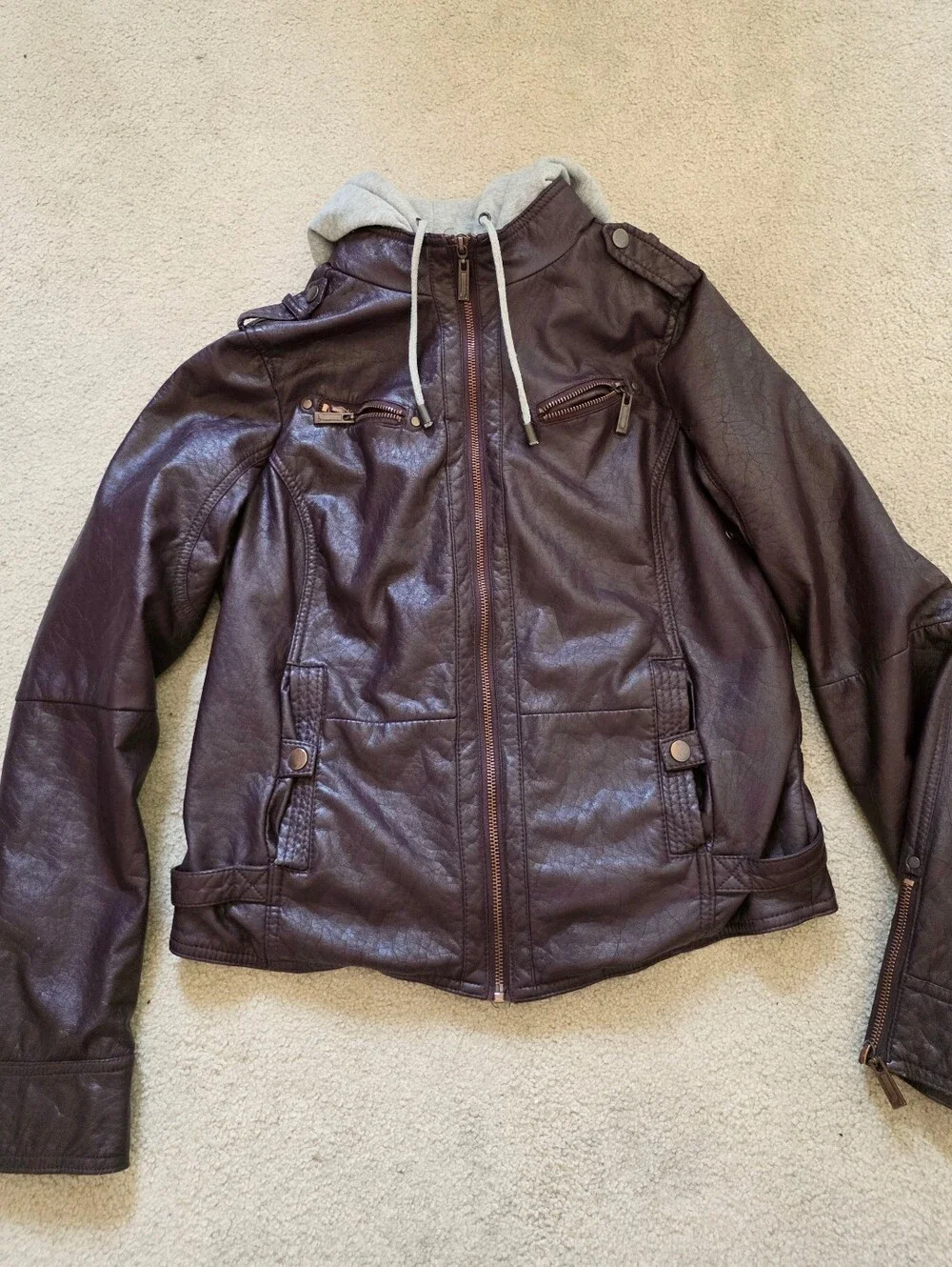 J2: Brown Faux Leather Hooded Moto Jacket & Removable Fleece Insert